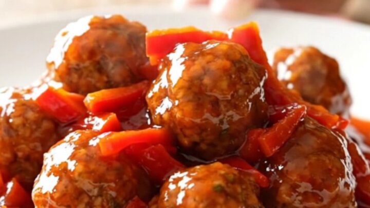 A slow cooker filled with turkey meatballs glazed in a glossy, red pepper jelly sauce.