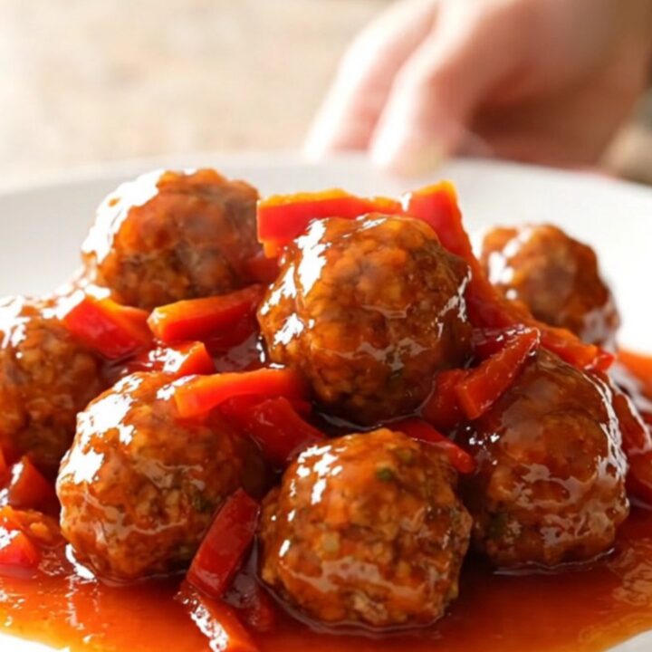 A slow cooker filled with turkey meatballs glazed in a glossy, red pepper jelly sauce.