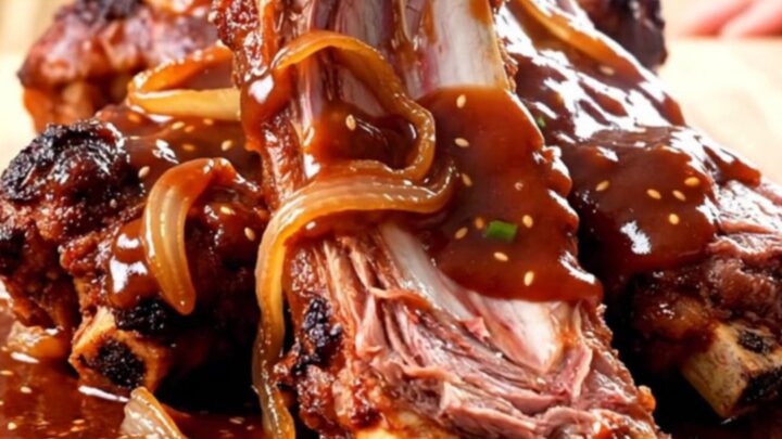 A stainless steel slow cooker filled with braised spare ribs and onions in a rich, dark red gochujang sauce.