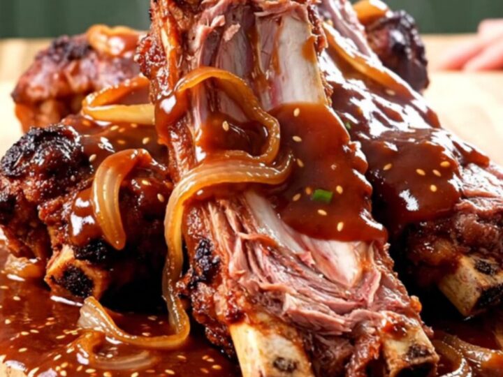 A stainless steel slow cooker filled with braised spare ribs and onions in a rich, dark red gochujang sauce.