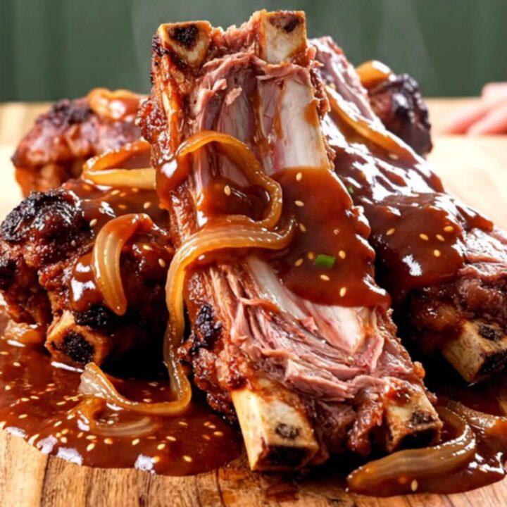 A stainless steel slow cooker filled with braised spare ribs and onions in a rich, dark red gochujang sauce.