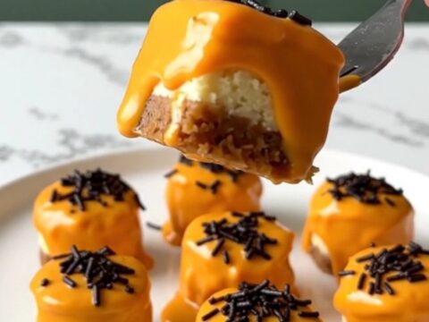 A close-up of vibrant orange dipped cheesecake bites with black sprinkles on a white plate.