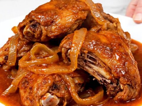 A plate of tender, shredded chicken birria in a rich red sauce, garnished and ready to eat.