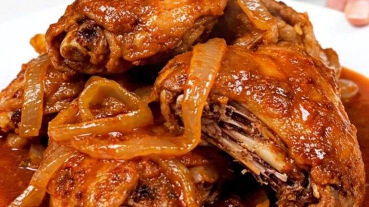 A plate of tender, shredded chicken birria in a rich red sauce, garnished and ready to eat.