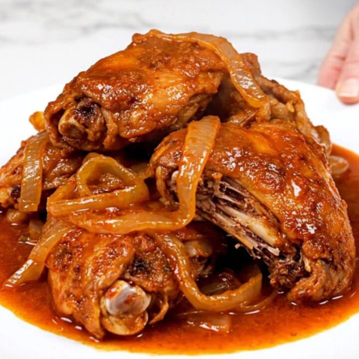 A plate of tender, shredded chicken birria in a rich red sauce, garnished and ready to eat.