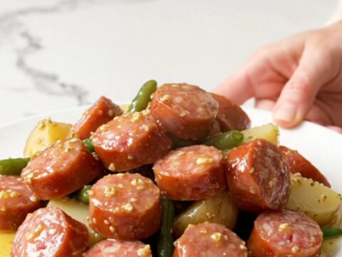 A top-down view of a slow cooker filled with sliced smoked sausage, green beans, and halved baby potatoes.