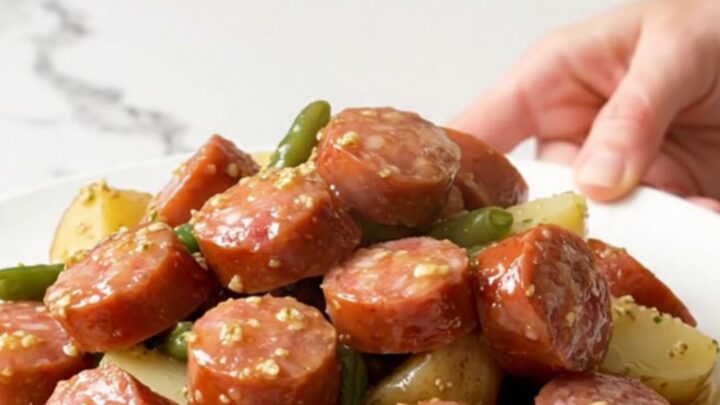 A top-down view of a slow cooker filled with sliced smoked sausage, green beans, and halved baby potatoes.