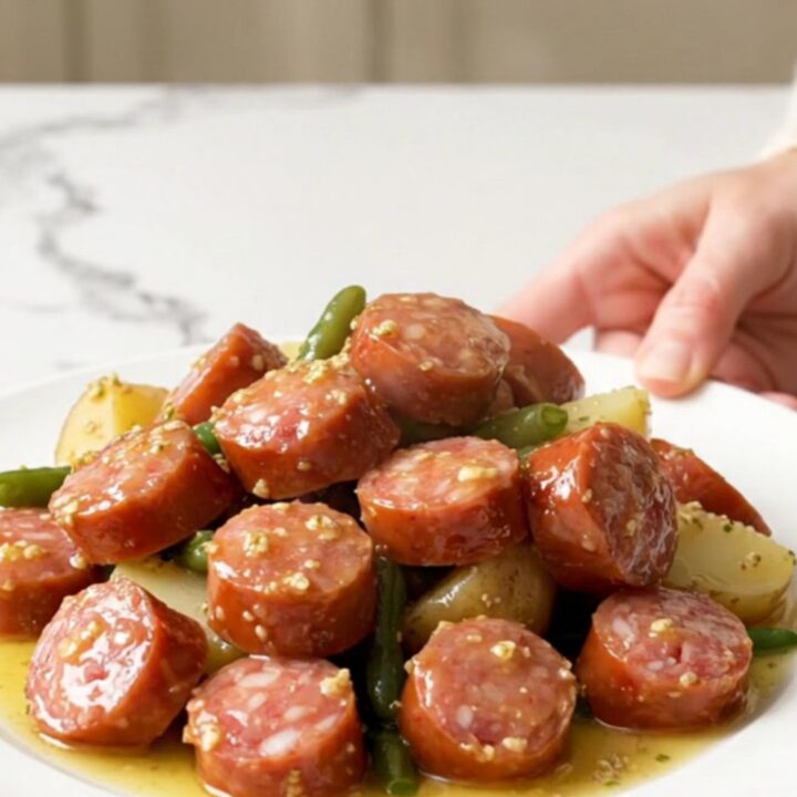A top-down view of a slow cooker filled with sliced smoked sausage, green beans, and halved baby potatoes.