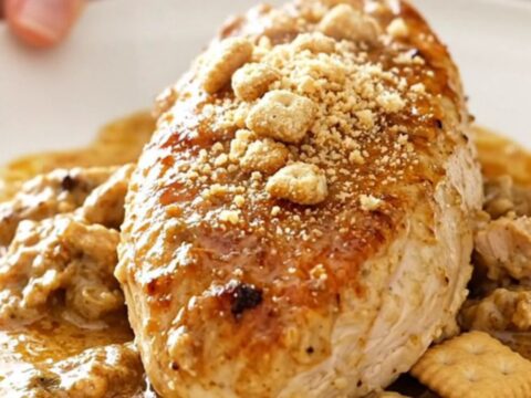 A plate of creamy poppy seed chicken with a crunchy topping and light steam rising.