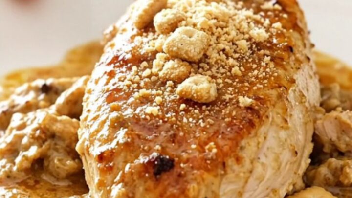 A plate of creamy poppy seed chicken with a crunchy topping and light steam rising.