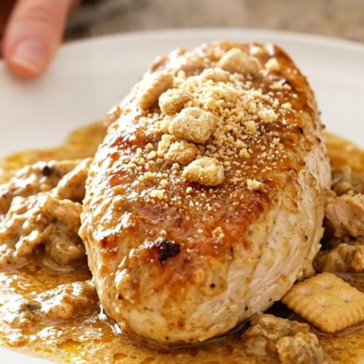A plate of creamy poppy seed chicken with a crunchy topping and light steam rising.