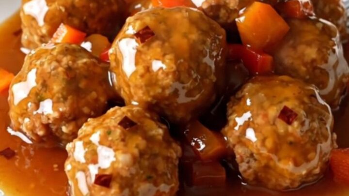 A top-down view of a black slow cooker filled with glazed meatballs and diced red bell peppers.