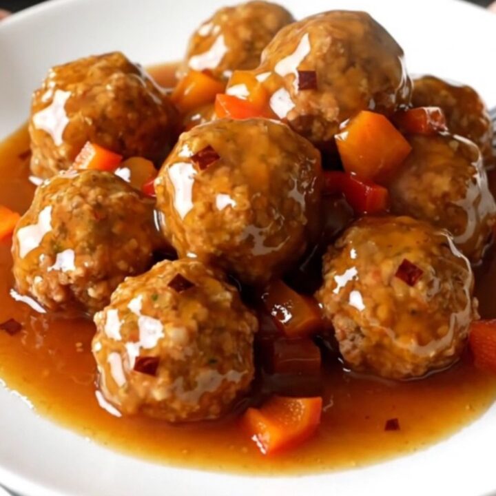 A top-down view of a black slow cooker filled with glazed meatballs and diced red bell peppers.
