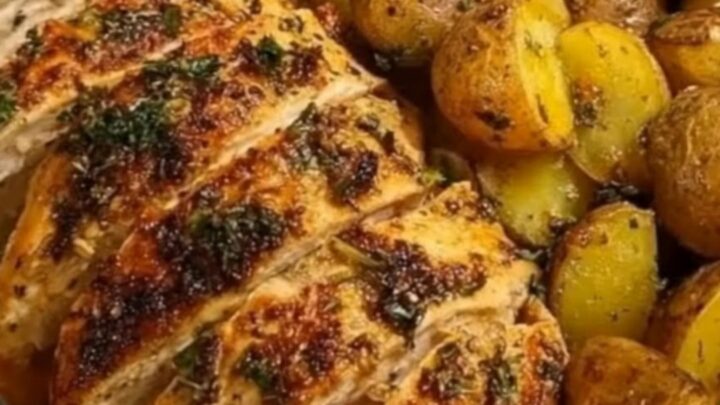 A glass baking dish containing sliced roasted chicken breast, golden baby potatoes, and green beans.