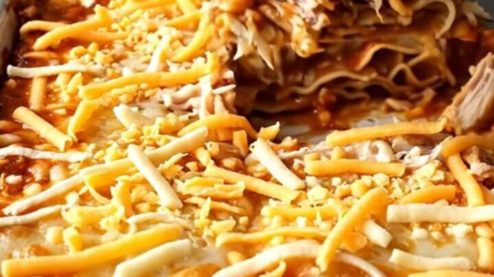 A top-down view of a rectangular baking dish filled with layers of tortillas, chicken, and red sauce.