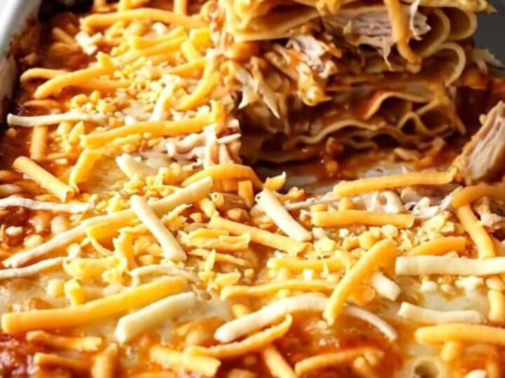 A top-down view of a rectangular baking dish filled with layers of tortillas, chicken, and red sauce.