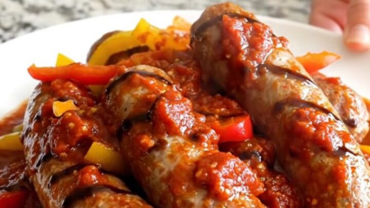 Slow cooked Italian sausages with colorful bell peppers and onions in a rich balsamic tomato sauce.