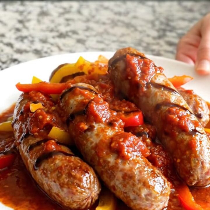 Slow cooked Italian sausages with colorful bell peppers and onions in a rich balsamic tomato sauce.
