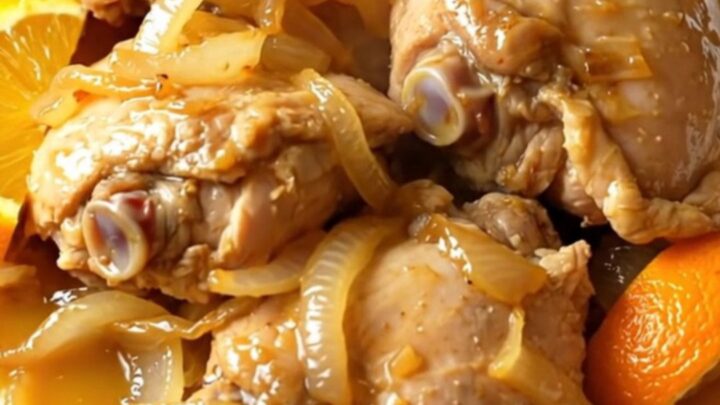 A close-up shot of tender, shredded chicken carnitas served on a white plate with visible citrus juices.