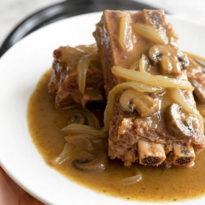 A close-up of tender, bone-in country-style pork ribs smothered in a thick, creamy mushroom gravy with visible onion slices.