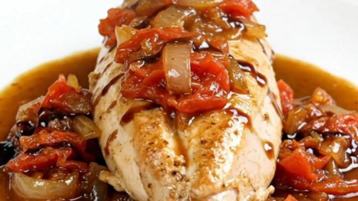 Slow cooker bruschetta chicken with stewed tomatoes and balsamic sauce on a white plate.