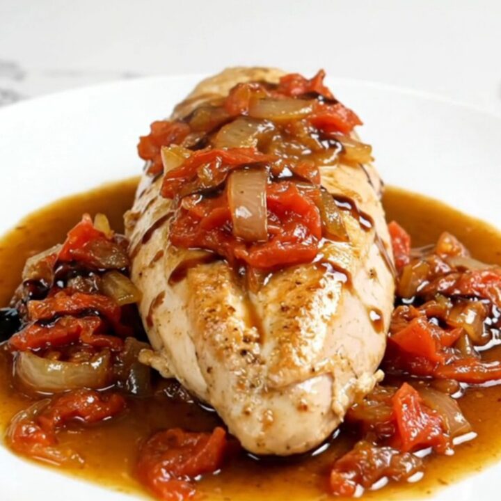 Slow cooker bruschetta chicken with stewed tomatoes and balsamic sauce on a white plate.
