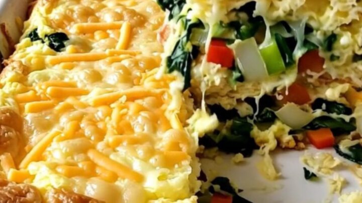 A freshly baked cottage cheese veggie egg bake in a white ceramic dish, featuring colorful peppers, spinach