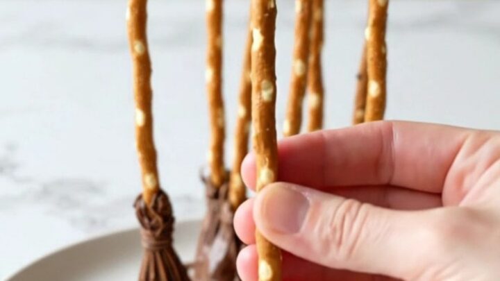 A platter filled with strawberry pretzel broomsticks with dark chocolate tips on a white plate.