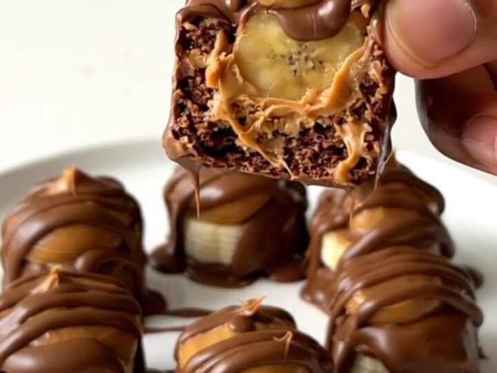 A close-up view of peanut butter chocolate banana bites arranged on a white plate.