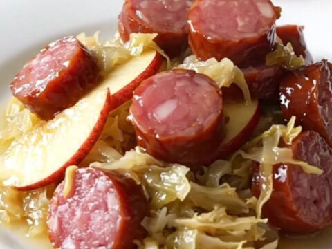 A close-up of a bowl filled with sliced kielbasa, tender sauerkraut, and soft apple wedges, steaming slightly.