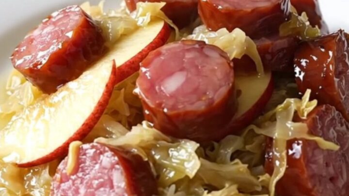 A close-up of a bowl filled with sliced kielbasa, tender sauerkraut, and soft apple wedges, steaming slightly.