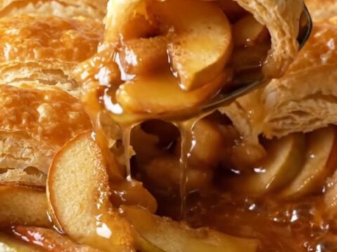 A warm puff pastry apple cobbler in a ceramic baking dish with golden crust and bubbling syrup.