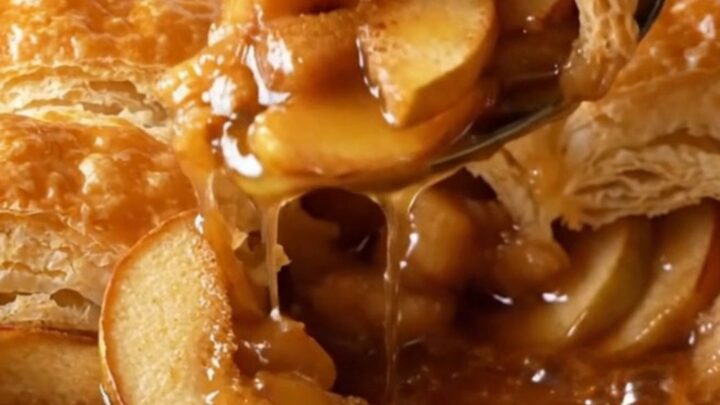 A warm puff pastry apple cobbler in a ceramic baking dish with golden crust and bubbling syrup.