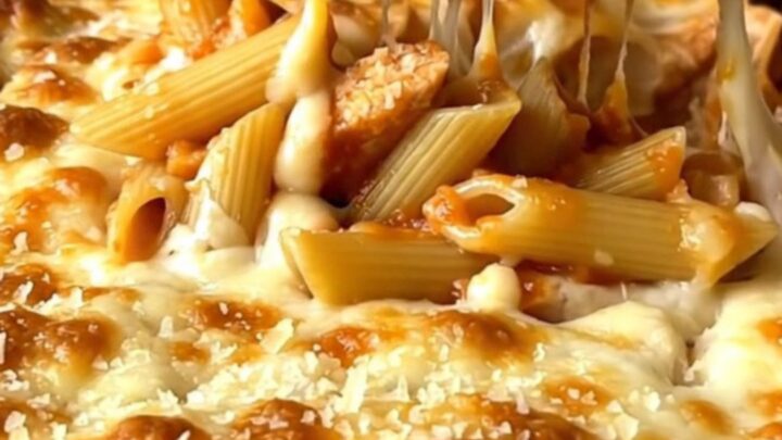 A top-down shot of a rectangular ceramic baking dish filled with pasta, chicken, and melted cheese.