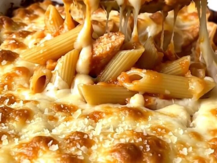 A top-down shot of a rectangular ceramic baking dish filled with pasta, chicken, and melted cheese.