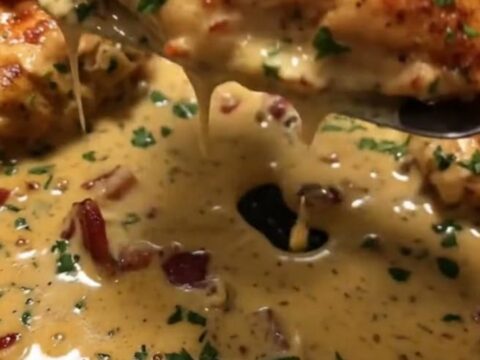 A golden-seared chicken breast in a cast iron skillet topped with crispy bacon and fresh parsley in a creamy sauce.
