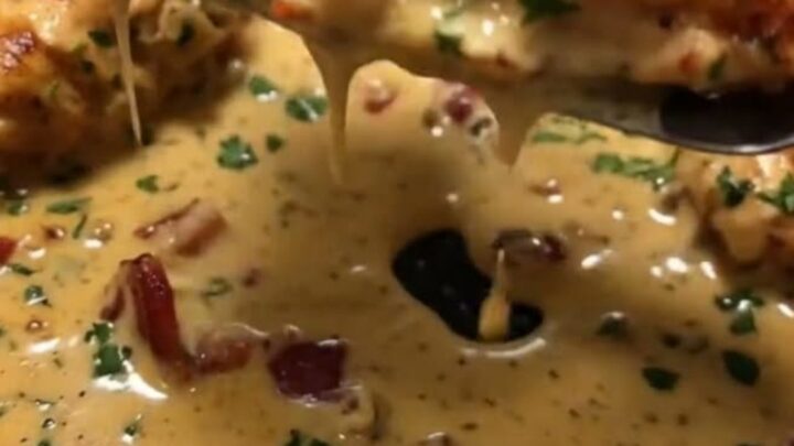 A golden-seared chicken breast in a cast iron skillet topped with crispy bacon and fresh parsley in a creamy sauce.