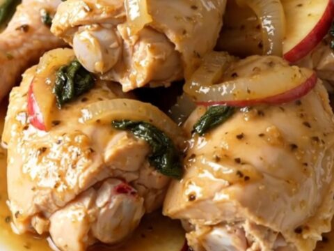 A close-up of tender, braised chicken thighs served with apple and onion slices in a savory sage sauce.