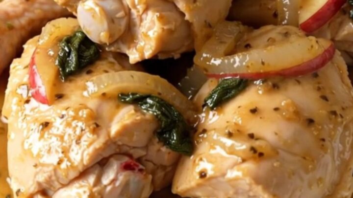 A close-up of tender, braised chicken thighs served with apple and onion slices in a savory sage sauce.