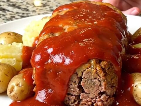 A rustic slow cooker meatloaf topped with a thick red glaze and surrounded by tender baby potatoes.