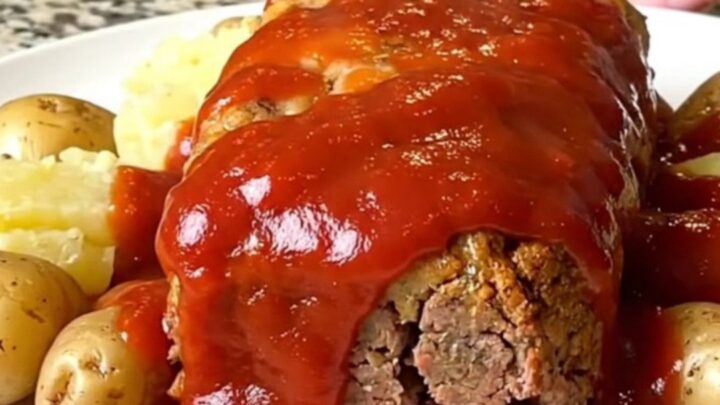 A rustic slow cooker meatloaf topped with a thick red glaze and surrounded by tender baby potatoes.