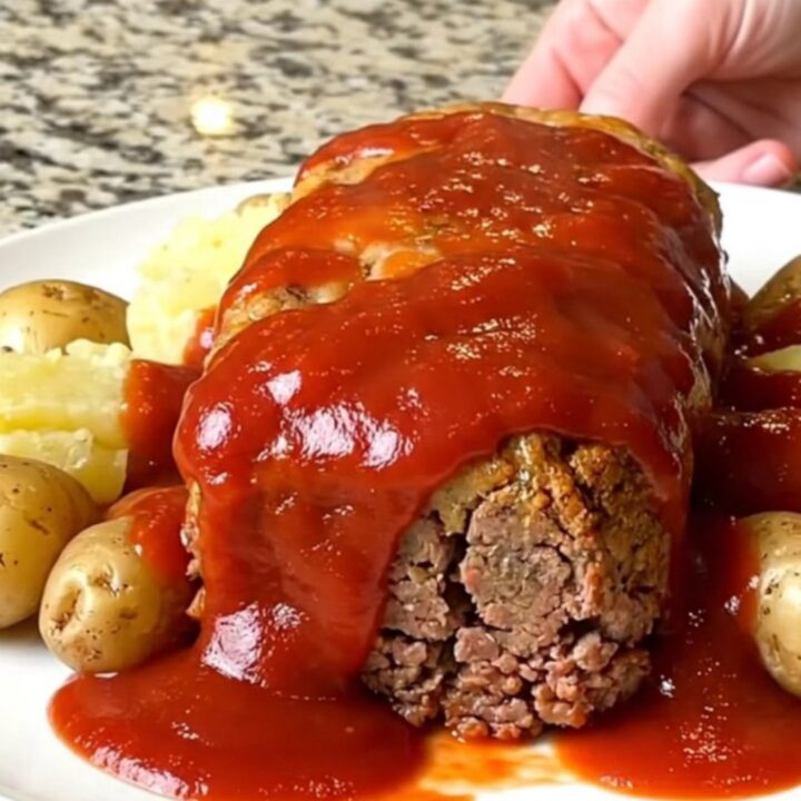 A rustic slow cooker meatloaf topped with a thick red glaze and surrounded by tender baby potatoes.