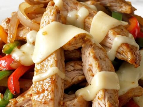 A close-up of a slow-cooked chicken philly sandwich with melted provolone cheese on a toasted roll.
