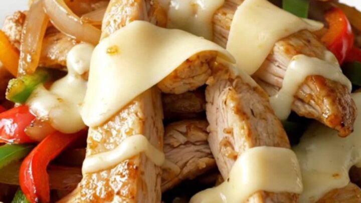 A close-up of a slow-cooked chicken philly sandwich with melted provolone cheese on a toasted roll.