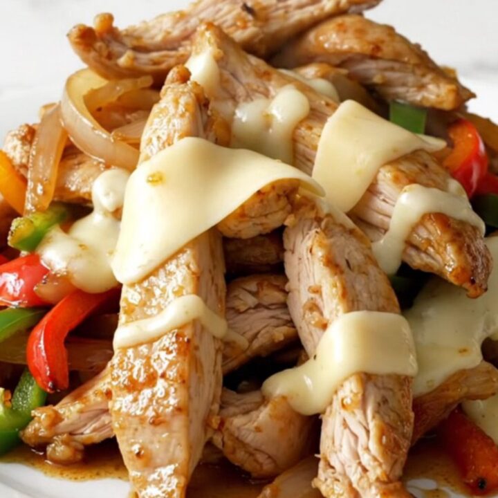 A close-up of a slow-cooked chicken philly sandwich with melted provolone cheese on a toasted roll.