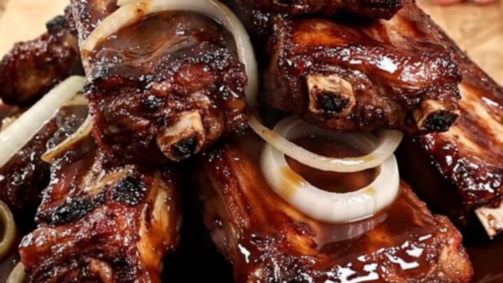 A top-down view of tender slow-cooked spareribs in a black slow cooker with caramelized onions.