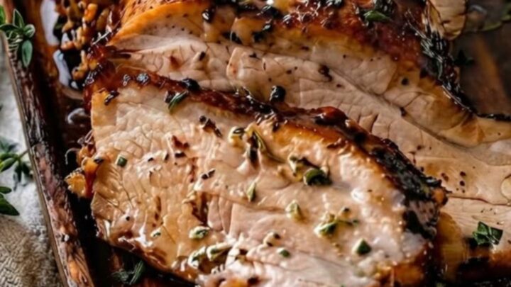 Slices of balsamic garlic glazed pork tenderloin arranged on a wooden board with fresh thyme garnish and rising steam.
