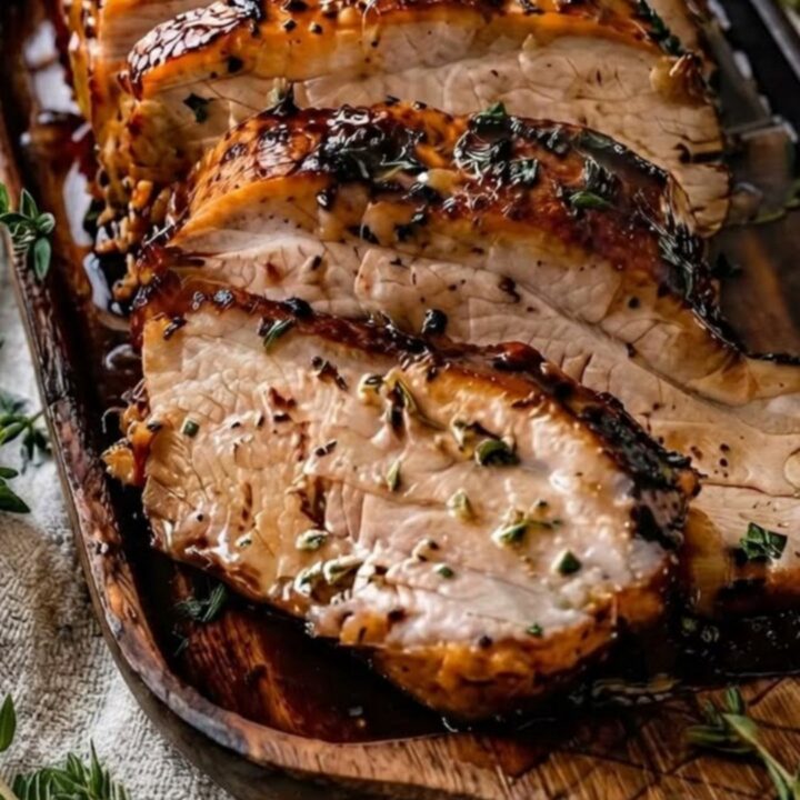 Slices of balsamic garlic glazed pork tenderloin arranged on a wooden board with fresh thyme garnish and rising steam.