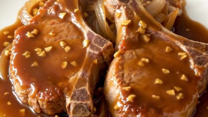 A close-up of tender, braised pork chops in a rich brown sugar and garlic soy sauce in a black slow cooker.