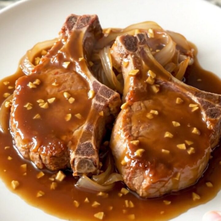 A close-up of tender, braised pork chops in a rich brown sugar and garlic soy sauce in a black slow cooker.